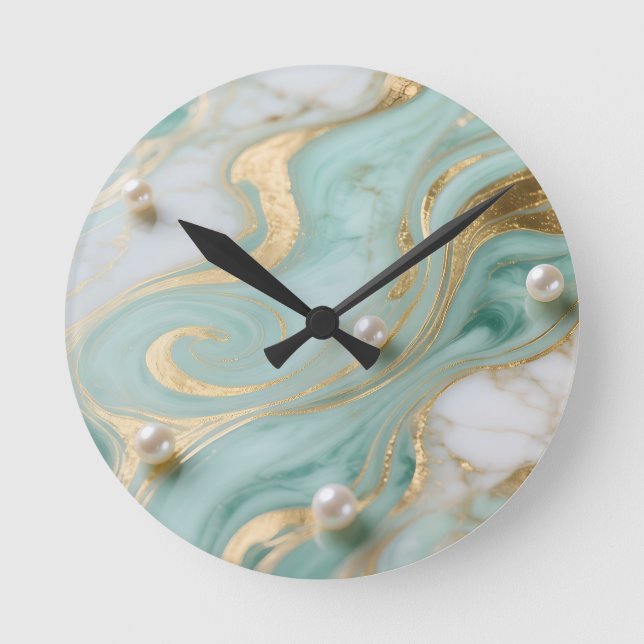 Turquoise Marble Pearl Gold Swirl Round Clock (Front)