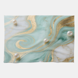 Turquoise Marble Pearl Gold Swirl Tea Towel