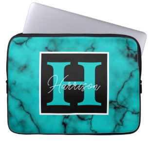 Turquoise Marble Sophisticated monogram name Laptop Sleeve
