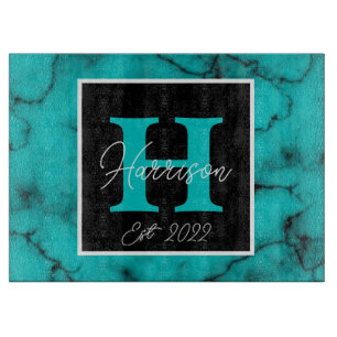 Turquoise Marble Sophisticated monogram name year Cutting Board