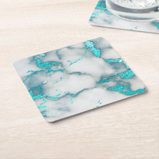 turquoise marble square paper coaster (Angled)
