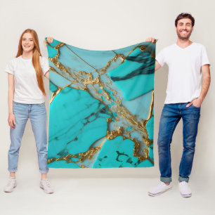 Turquoise Marble with Golden Veins Fleece Blanket