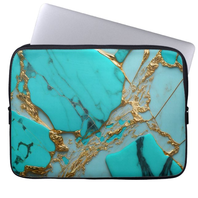 Turquoise Marble with Golden Veins Laptop Sleeve (Front)