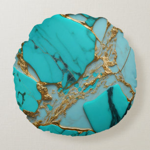 Turquoise Marble with Golden Veins Round Cushion