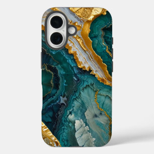 Turquoise marbling with gold iPhone 16 case