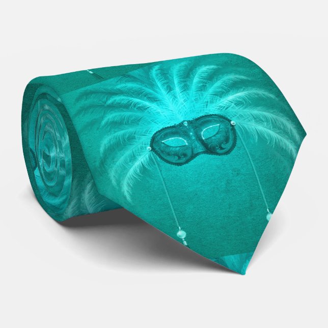 Turquoise Mardi Gras Feather Face Mask NeckTie (Rolled)