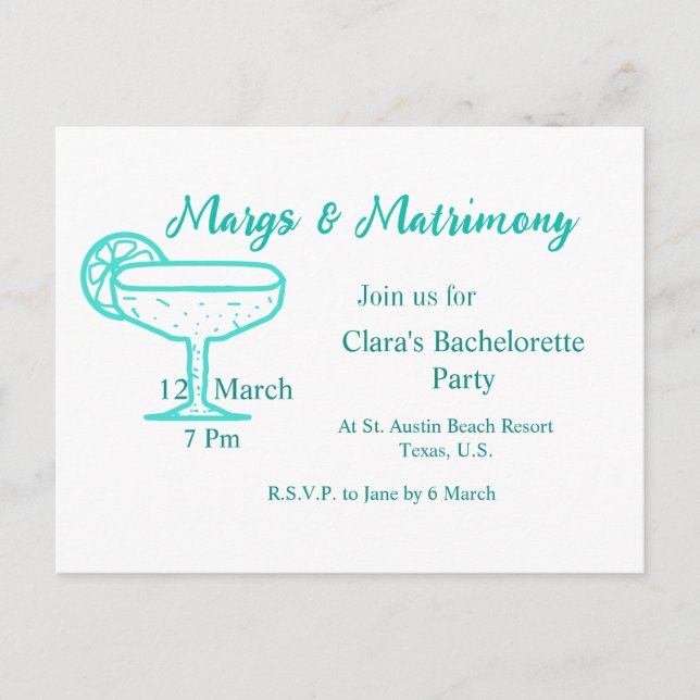 Turquoise Margs & Matrimony Tequila glass bachelor Postcard (Front)