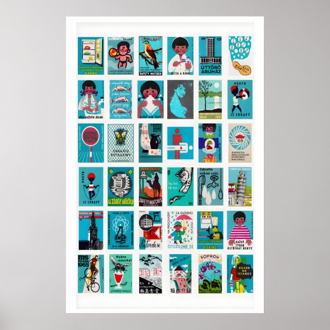 Turquoise Matchbox Labels Collage, Vintage Poster (Front)