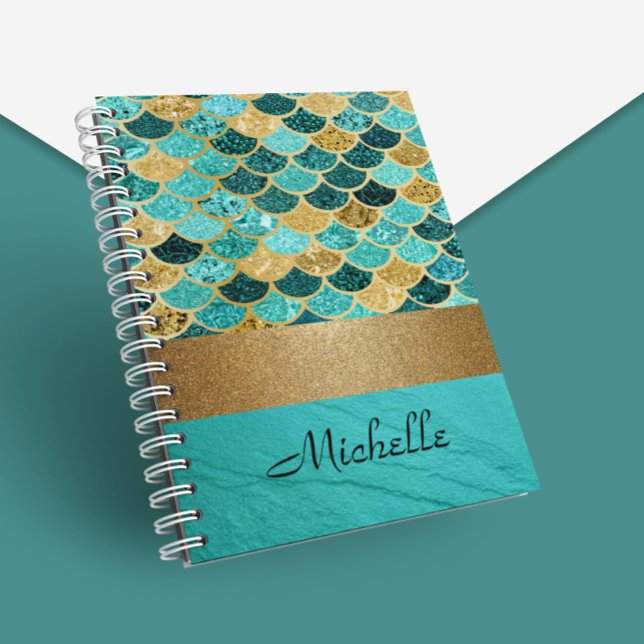 Turquoise Mermaid Scales Stone Personalised Gold Notebook (Creator Uploaded)