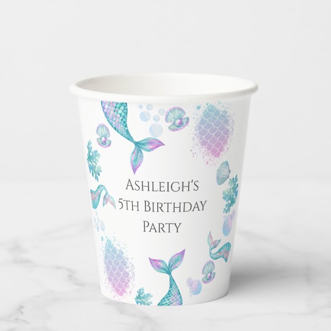 Turquoise Mermaid Themed Birthday Party  Paper Cups (Front)