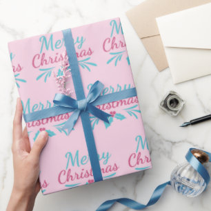 Turquoise Merry Christmas Pastel Pink Seamless Wrapping Paper