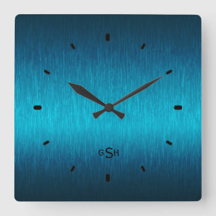 Turquoise Metallic Design Brushed Steel Look Square Wall Clock