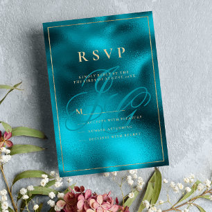 Turquoise metallic monogram initials RSVP Invitation
