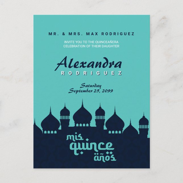 Turquoise Midnight Blue Arabian Nights Quinceañera Postcard (Front)