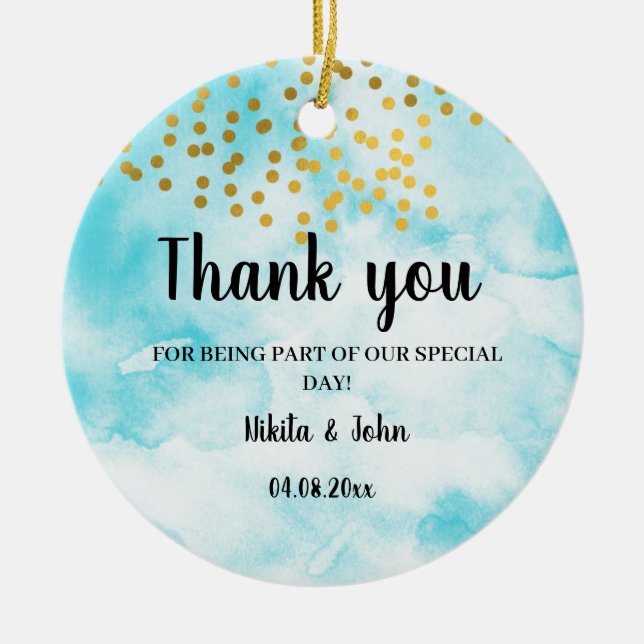 Turquoise minimal calligraphy thank you favour gif ceramic ornament (Front)
