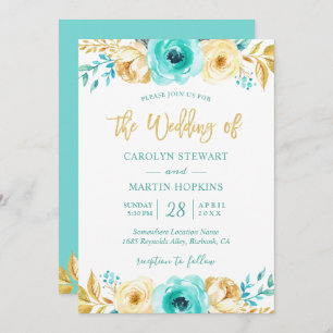 Turquoise Mint Gold Floral Romantic Chic Wedding Invitation