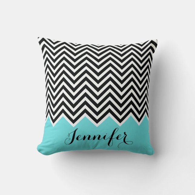 Turquoise mint with black and white Chevron Custom Cushion (Front)