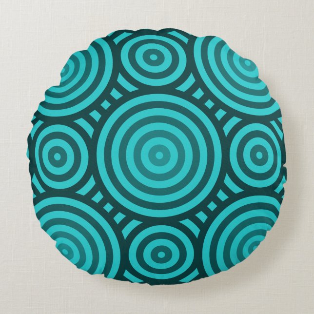 Turquoise Modern Geometric Circle Pattern Round Cushion (Front)