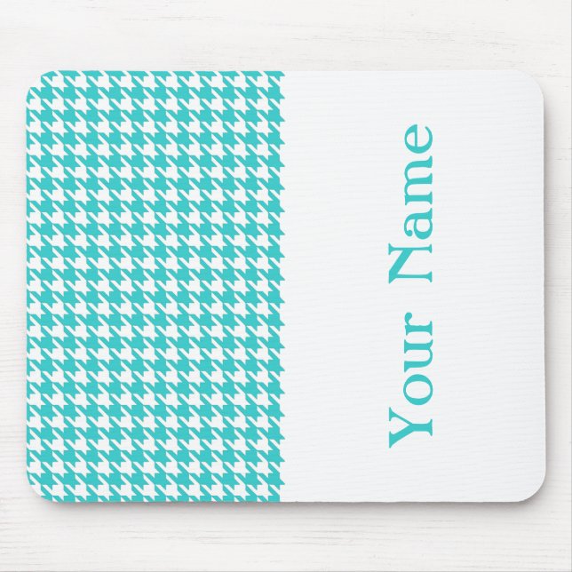 Turquoise Modern Houndstooth with name Mouse Pad (Front)
