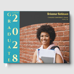 Turquoise Modern Photo Graduation Party Gold Guest Book