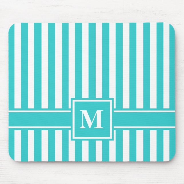 Turquoise Modern Stripe with Monogram Mouse Pad (Front)