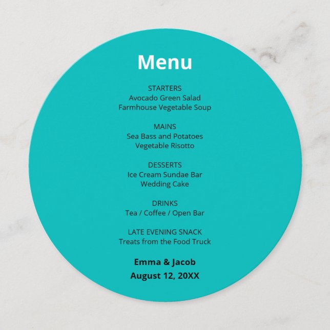 Turquoise Modern Wedding Round Menu (Front)