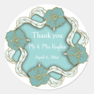 Turquoise Monogram floral wedding  thank you Classic Round Sticker