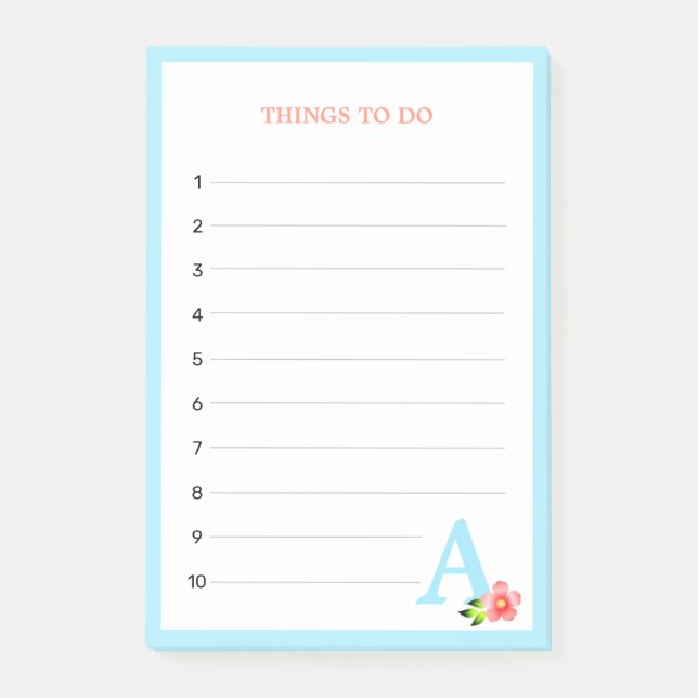 Turquoise Monogram & Flower Things To Do Post-it Notes (Front)