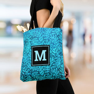 Turquoise monogram leaf pattern bold modern custom tote bag
