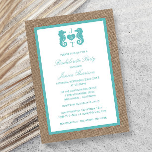 Turquoise Monogram Seahorse Beach Bachelorette Invitation