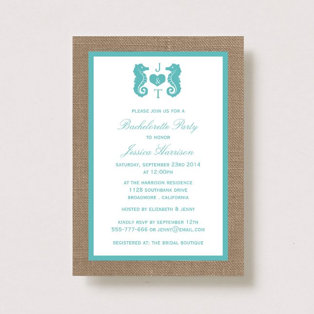 Turquoise Monogram Seahorse Beach Bachelorette Invitation (Creator Uploaded)