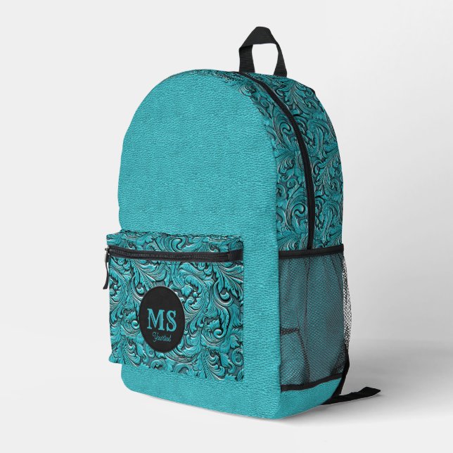 Turquoise monogram tooled leather western style printed backpack (Back Corner Right)