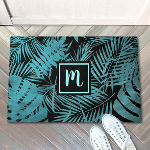 Turquoise monogram tropical palm pattern modern doormat