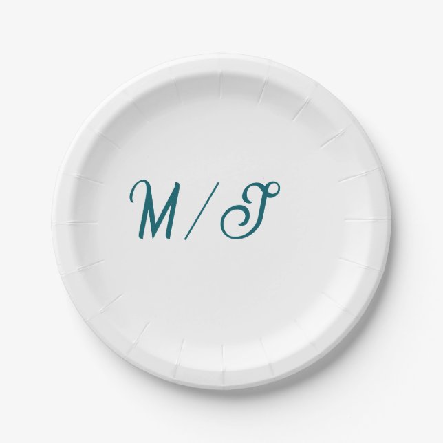 Turquoise monogram wedding couple name simple styl paper plate (Front)