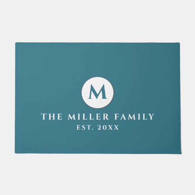 Turquoise Monogrammed Family Name Doormat (Front)