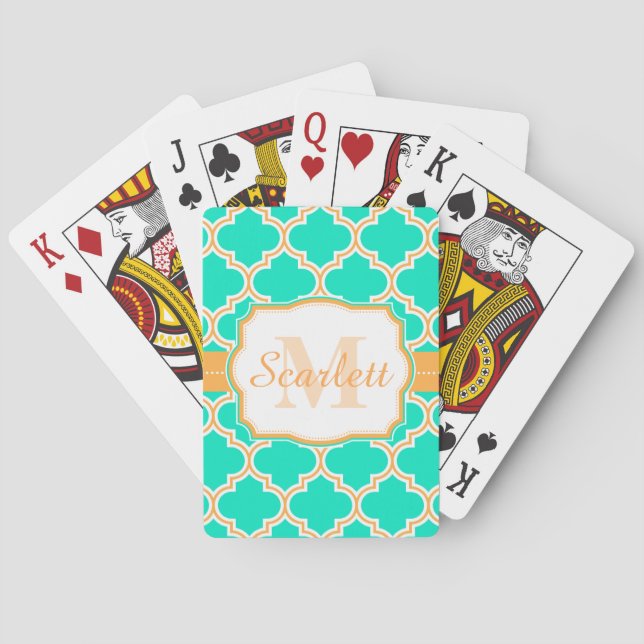 Turquoise Moroccan Quatrefoil Playing Cards (Back)