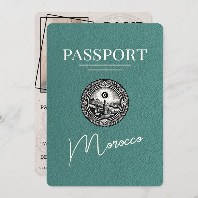 Turquoise Morocco Passport Save The Date (Front/Back)