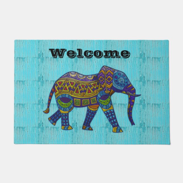 Turquoise Mosaic Elephant Door Mat (Front)