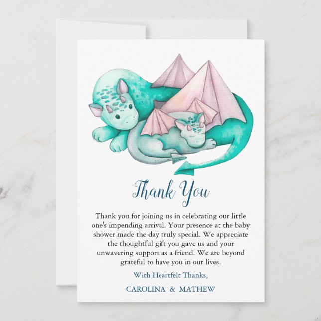 Turquoise Mother and Baby Dragon Thank You Card (Front)