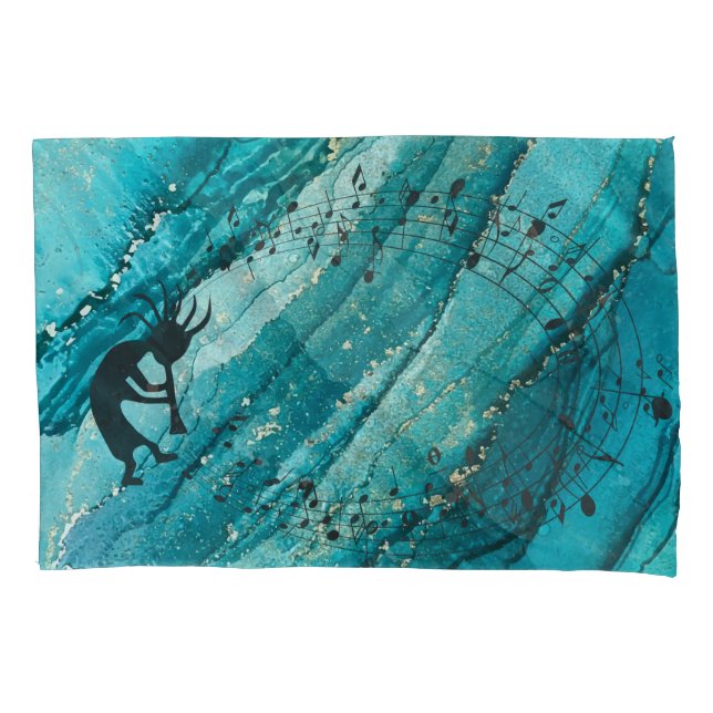 Turquoise Music Notes Kokopelli  Pillowcase (Front)