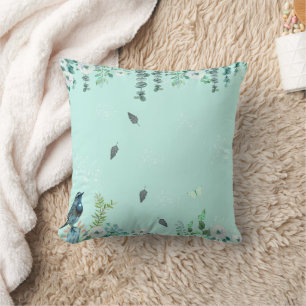 Turquoise Nature Watercolor Bird and Eucalyptus  Cushion