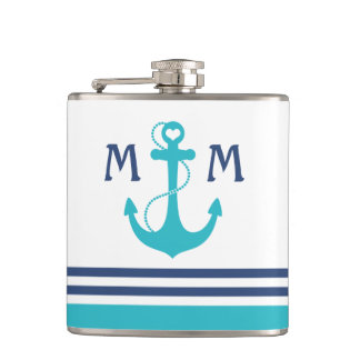 Turquoise Nautical Heart Anchor Hip Flask