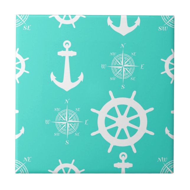 Turquoise Nautical Pattern Ceramic Tile (Front)