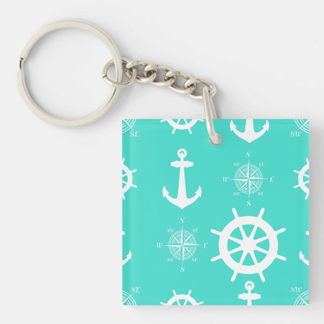 Turquoise Nautical Pattern Key Ring (Front)
