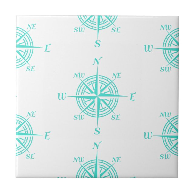 Turquoise Nautical Sailing Compass Ceramic Tile (Front)