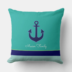 turquoise nautical, striped with anchor, custom cushion