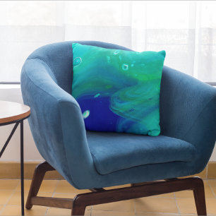 Turquoise Navy Blue Fluid Art Swirls Marbling Cushion