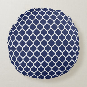 Turquoise Navy Blue Moroccan Quatrefoil Pattern Round Cushion