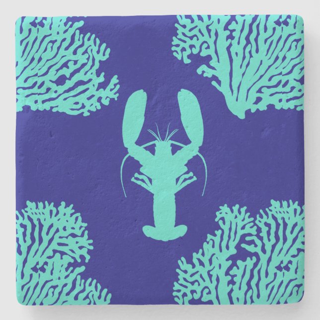 Turquoise Navy Lobster Coastal Pattern Stone Coaster (Front)