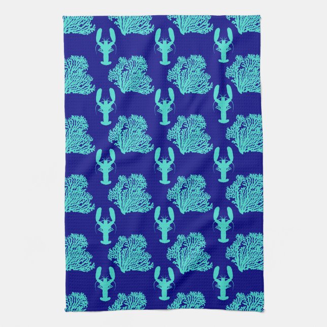 Turquoise Navy Lobster Coastal Pattern Tea Towel (Vertical)